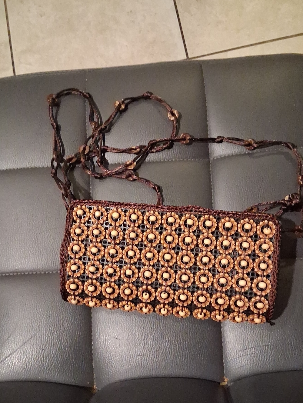 Brown Beaded Crossbody Bag - Woven Wooden Accent
